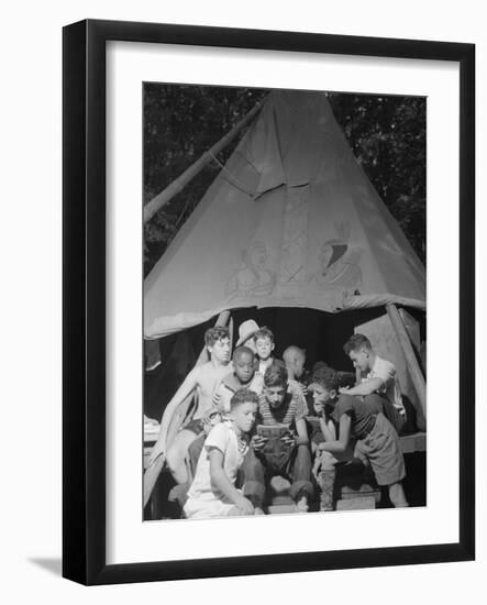 Racially Integrated Group of Boys Sharing a Comic Book at Camp Nathan Hale in Southfields, NY-Gordon Parks-Framed Photo