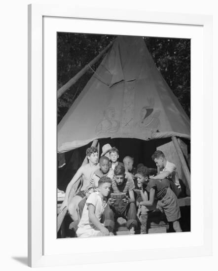 Racially Integrated Group of Boys Sharing a Comic Book at Camp Nathan Hale in Southfields, NY-Gordon Parks-Framed Photo