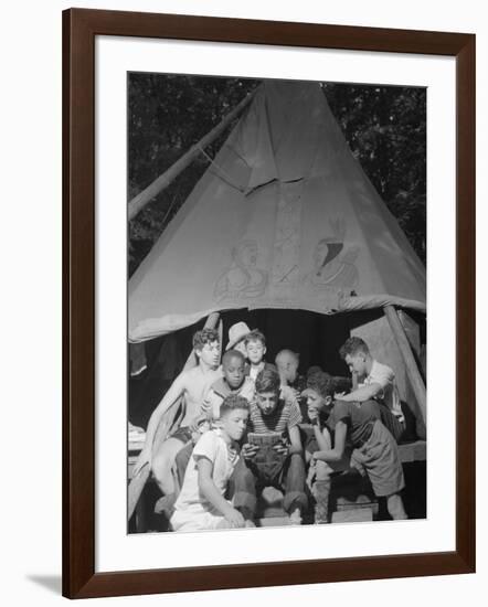 Racially Integrated Group of Boys Sharing a Comic Book at Camp Nathan Hale in Southfields, NY-Gordon Parks-Framed Photo