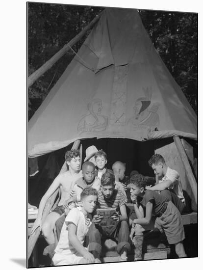 Racially Integrated Group of Boys Sharing a Comic Book at Camp Nathan Hale in Southfields, NY-Gordon Parks-Mounted Photo