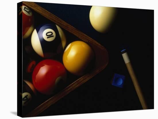 Rack of Pool Balls with Chalk and Cue-Ernie Friedlander-Stretched Canvas