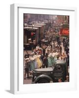 Racks of Dresses Steered by Pushboys Along Crowded Sidewalks in Garment District-null-Framed Photographic Print