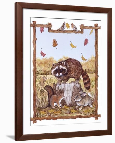 Racoon, Squirrel and Rabbit with Fall Leaves-Wendy Edelson-Framed Giclee Print