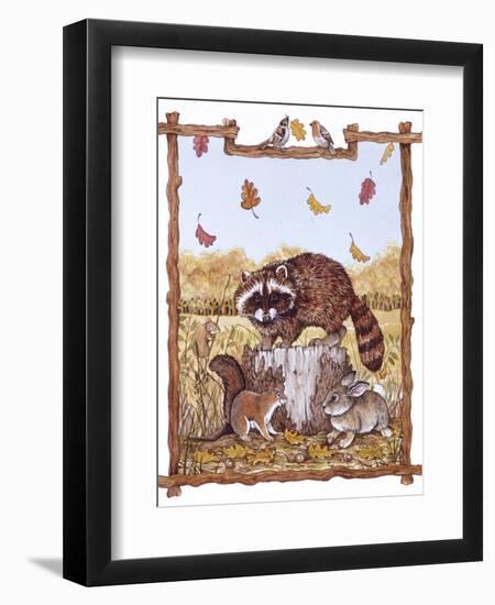 Racoon, Squirrel and Rabbit with Fall Leaves-Wendy Edelson-Framed Premium Giclee Print