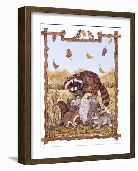 Racoon, Squirrel and Rabbit with Fall Leaves-Wendy Edelson-Framed Giclee Print