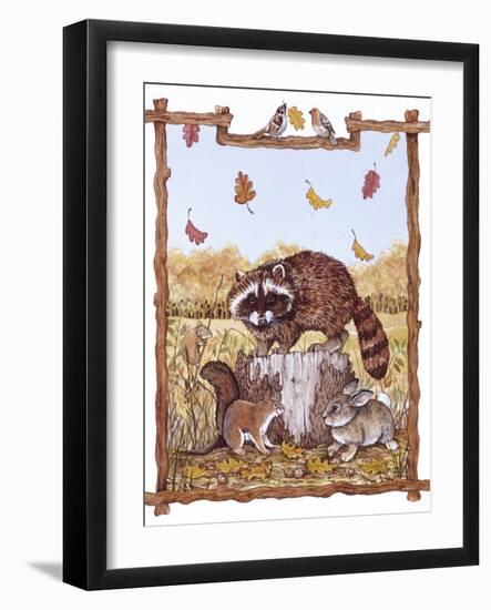 Racoon, Squirrel and Rabbit with Fall Leaves-Wendy Edelson-Framed Giclee Print