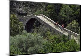 Radfahrer, Spelunca Schlucht, Genuesenbrücke, Ota, Korsika, Frankreich-Norbert Eisele-Hein-Mounted Photographic Print