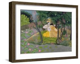 Radha and Krishna Embrace in a Grove of Flowering Trees, c.1780-null-Framed Giclee Print