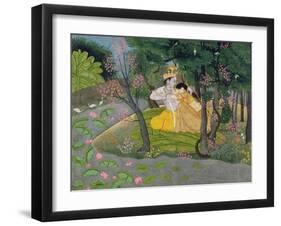 Radha and Krishna Embrace in a Grove of Flowering Trees, c.1780-null-Framed Giclee Print