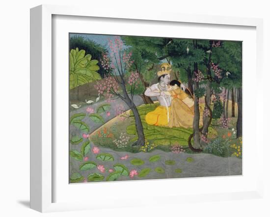 Radha and Krishna Embrace in a Grove of Flowering Trees, c.1780-null-Framed Giclee Print