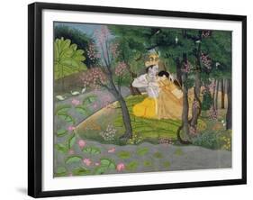 Radha and Krishna Embrace in a Grove of Flowering Trees, c.1780-null-Framed Giclee Print