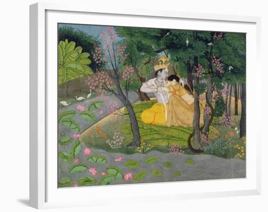 Radha and Krishna Embrace in a Grove of Flowering Trees, c.1780-null-Framed Giclee Print