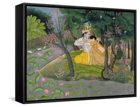 Radha and Krishna Embrace in a Grove of Flowering Trees, c.1780-null-Framed Stretched Canvas