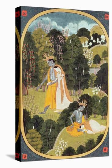 Radha and Krishna Walking in a Grove, Kangra, Himachal Pradesh, 1820-25-null-Stretched Canvas