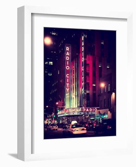 Radio City Music Hall and Yellow Cab by Night, Manhattan, Times Square, NYC, Old Vintage Colors-Philippe Hugonnard-Framed Photographic Print