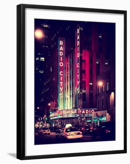 Radio City Music Hall and Yellow Cab by Night, Manhattan, Times Square, NYC, Old Vintage Colors-Philippe Hugonnard-Framed Photographic Print