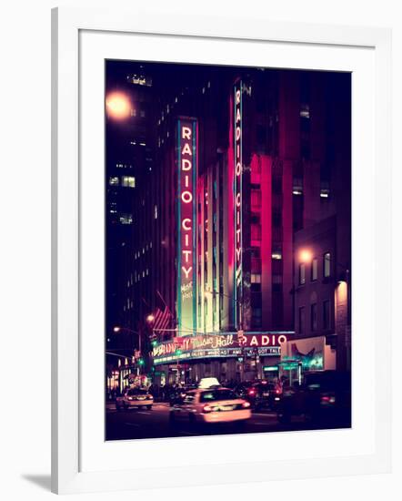 Radio City Music Hall and Yellow Cab by Night, Manhattan, Times Square, NYC, Old Vintage Colors-Philippe Hugonnard-Framed Photographic Print