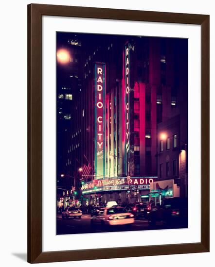 Radio City Music Hall and Yellow Cab by Night, Manhattan, Times Square, NYC, Old Vintage Colors-Philippe Hugonnard-Framed Photographic Print