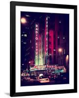 Radio City Music Hall and Yellow Cab by Night, Manhattan, Times Square, NYC, Old Vintage Colors-Philippe Hugonnard-Framed Photographic Print