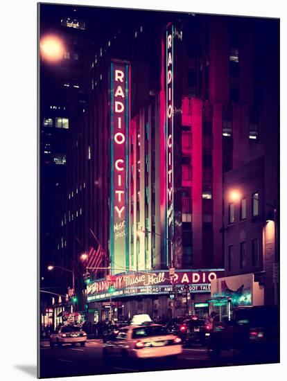 Radio City Music Hall and Yellow Cab by Night, Manhattan, Times Square, NYC, Old Vintage Colors-Philippe Hugonnard-Mounted Photographic Print