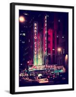 Radio City Music Hall and Yellow Cab by Night, Manhattan, Times Square, NYC, Old Vintage Colors-Philippe Hugonnard-Framed Premium Photographic Print