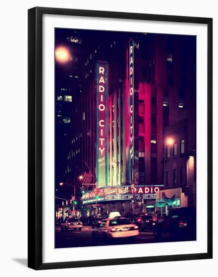 Radio City Music Hall and Yellow Cab by Night, Manhattan, Times Square, NYC, Old Vintage Colors-Philippe Hugonnard-Framed Premium Photographic Print