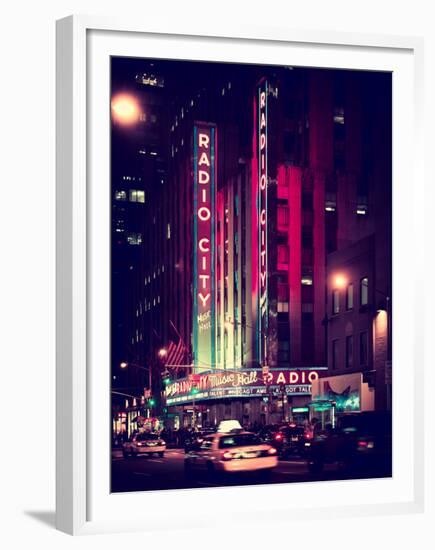 Radio City Music Hall and Yellow Cab by Night, Manhattan, Times Square, NYC, Old Vintage Colors-Philippe Hugonnard-Framed Premium Photographic Print