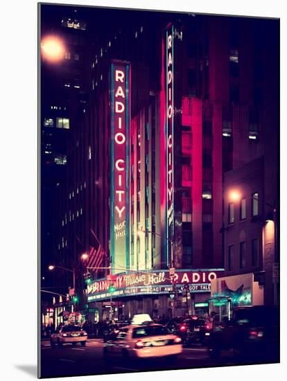 Radio City Music Hall and Yellow Cab by Night, Manhattan, Times Square, NYC, Old Vintage Colors-Philippe Hugonnard-Mounted Premium Photographic Print