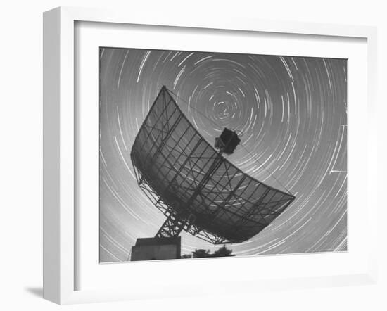 Radio Telescope Listening to Sound from Space as Visible Stars Circle Sky Forming Streaks of Light-Fritz Goro-Framed Photographic Print