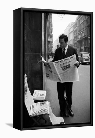 Raf Vallone Reading the Newspaper Corriere Della Sera in the Street-null-Framed Stretched Canvas