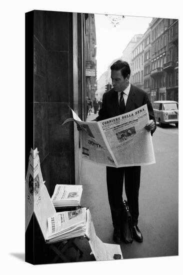 Raf Vallone Reading the Newspaper Corriere Della Sera in the Street-null-Stretched Canvas