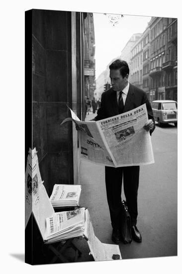 Raf Vallone Reading the Newspaper Corriere Della Sera in the Street-null-Stretched Canvas