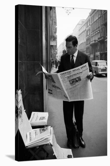 Raf Vallone Reading the Newspaper Corriere Della Sera in the Street-null-Stretched Canvas