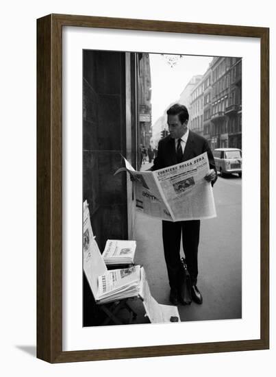 Raf Vallone Reading the Newspaper Corriere Della Sera in the Street-null-Framed Photographic Print