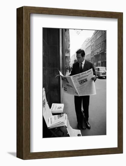 Raf Vallone Reading the Newspaper Corriere Della Sera in the Street-null-Framed Photographic Print