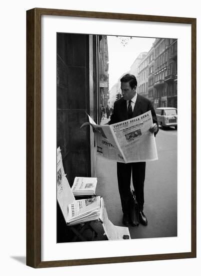 Raf Vallone Reading the Newspaper Corriere Della Sera in the Street-null-Framed Photographic Print