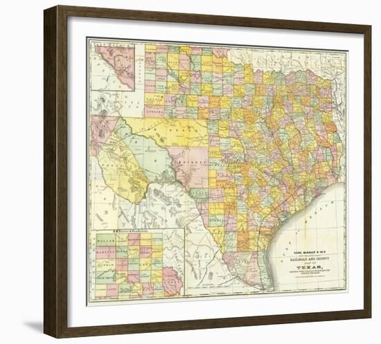 Railroad And County Map Of Texas, c.1882-null-Framed Art Print