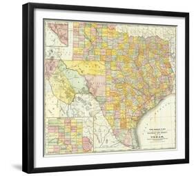 Railroad And County Map Of Texas, c.1882-null-Framed Art Print