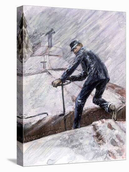 Railroad Brakemen Working Atop Boxcars in a Snowstorm, 1890s-null-Stretched Canvas