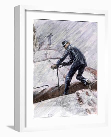 Railroad Brakemen Working Atop Boxcars in a Snowstorm, 1890s-null-Framed Giclee Print