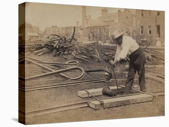 Railroad Construction Worker Straightening Track, c.1862-Andrew J^ Johnson-Stretched Canvas