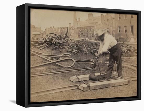 Railroad Construction Worker Straightening Track, c.1862-Andrew J^ Johnson-Framed Stretched Canvas