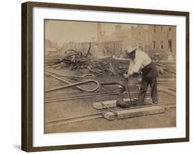 Railroad Construction Worker Straightening Track, c.1862-Andrew J^ Johnson-Framed Photo