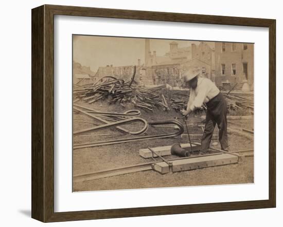 Railroad Construction Worker Straightening Track, c.1862-Andrew J^ Johnson-Framed Photo