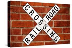 Railroad Crossing Crossbuck Brick Wall Traffic Print Poster-null-Stretched Canvas