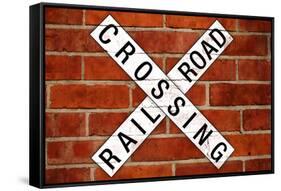 Railroad Crossing Crossbuck Brick Wall Traffic Print Poster-null-Framed Stretched Canvas