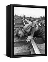 Railroad Section Boss D. D. Pittman Checking to Make Sure New Rail is properly level-Alfred Eisenstaedt-Framed Stretched Canvas