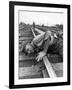 Railroad Section Boss D. D. Pittman Checking to Make Sure New Rail is properly level-Alfred Eisenstaedt-Framed Photographic Print