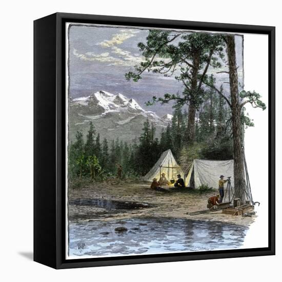 Railroad Surveyors' Camp in the Rocky Mountains, 1800s-null-Framed Stretched Canvas