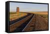 Railroad Tracks Lead to Old Wooden Granary in Collins, Montana, Usa-Chuck Haney-Framed Stretched Canvas